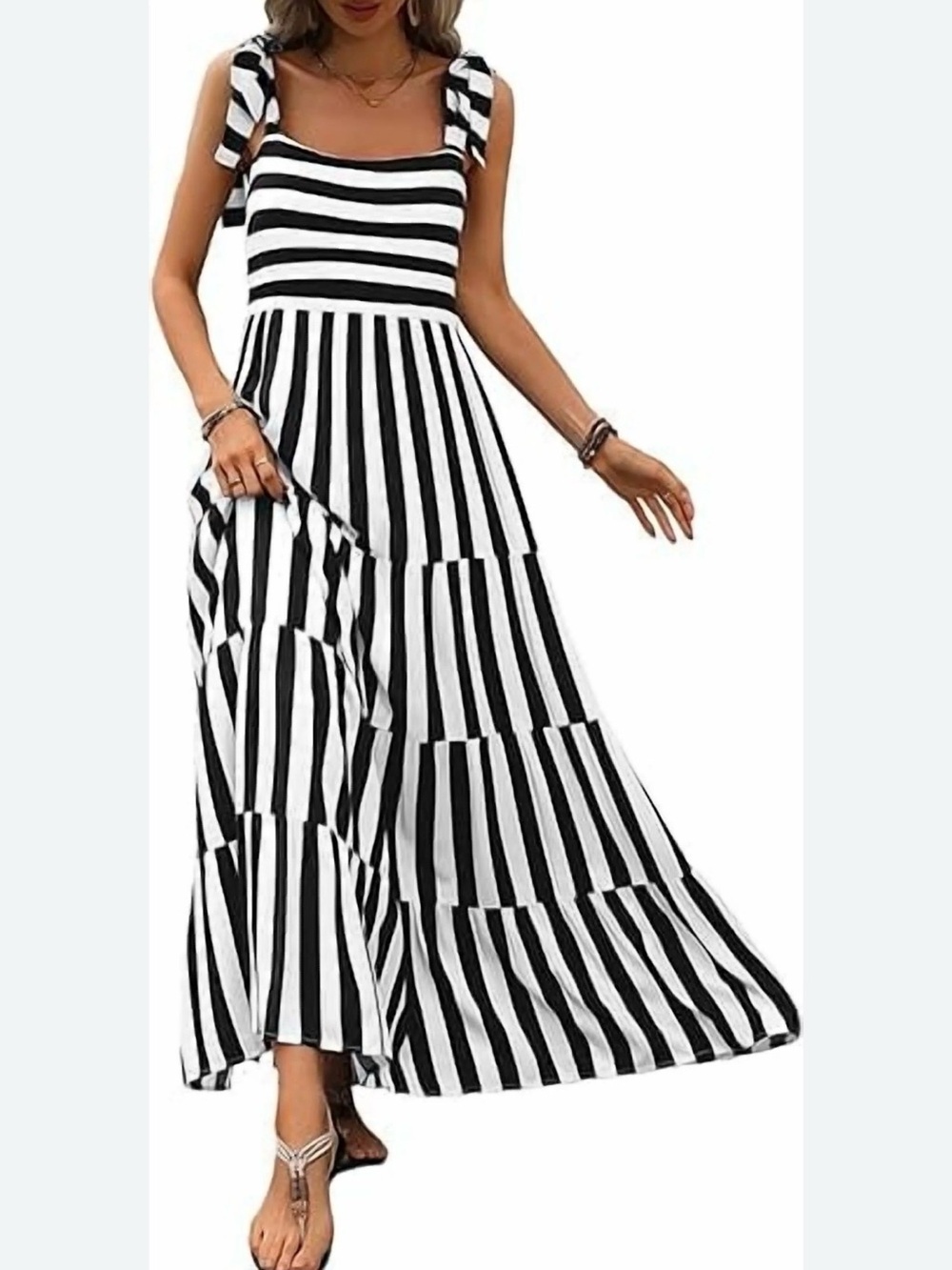 Pretty Garden Black & White Striped Tie-Shoulder Maxi Dress Size Medium